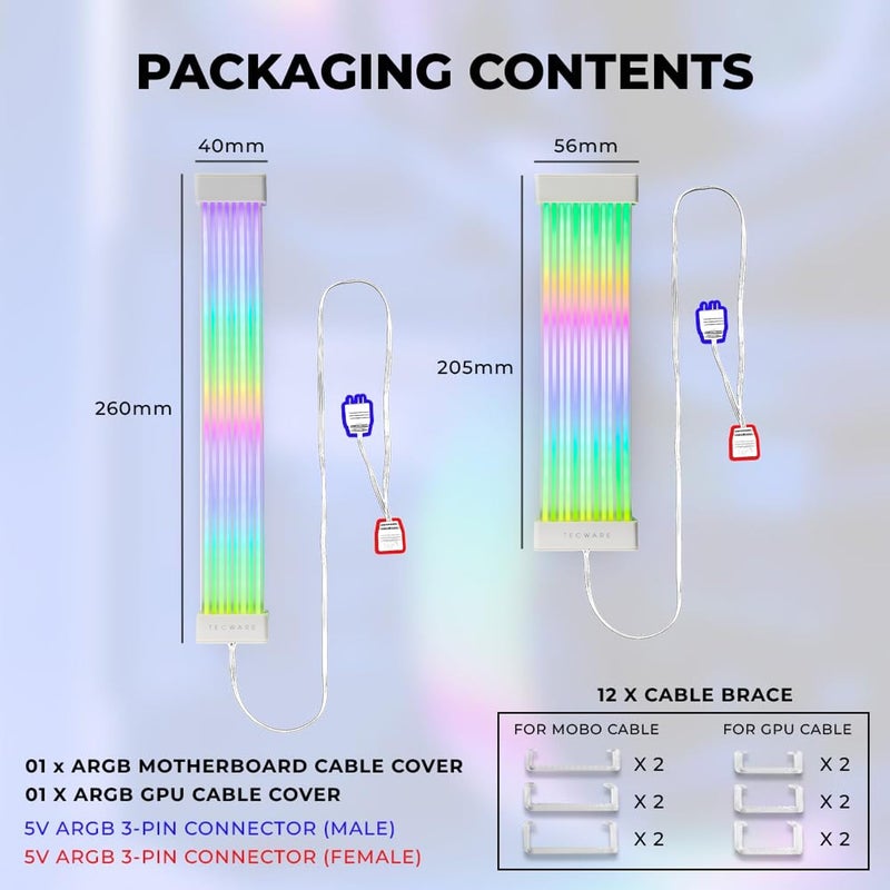 TECWARE Flex RGB Cable Cover Kit | Compatible with 24-Pin Motherboard and 8-Pin/16-Pin GPU | ARGB PSU Cable Extension with 5V 3-Pin Sync | RGB Lighting Kit for PC Cables | White - Image 4